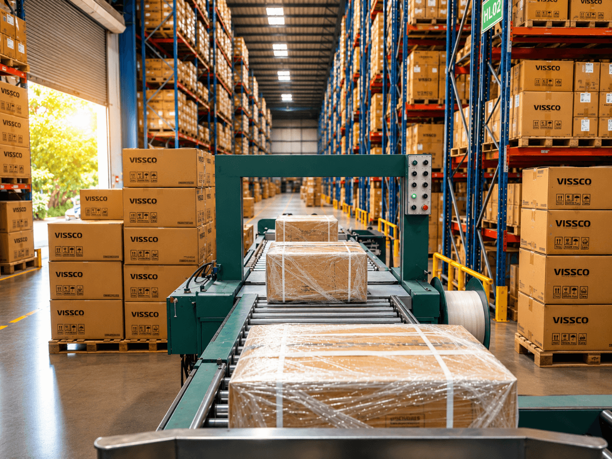 Automated conveyor system moving packages in warehouse